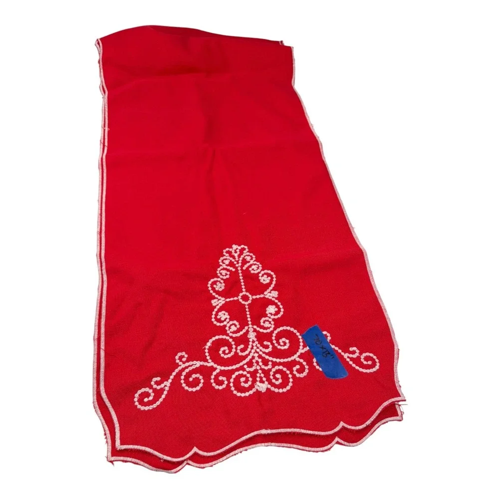 70x13 Red Table Runner White Scalloped Embroidered Scrollwork Holiday Folk Art